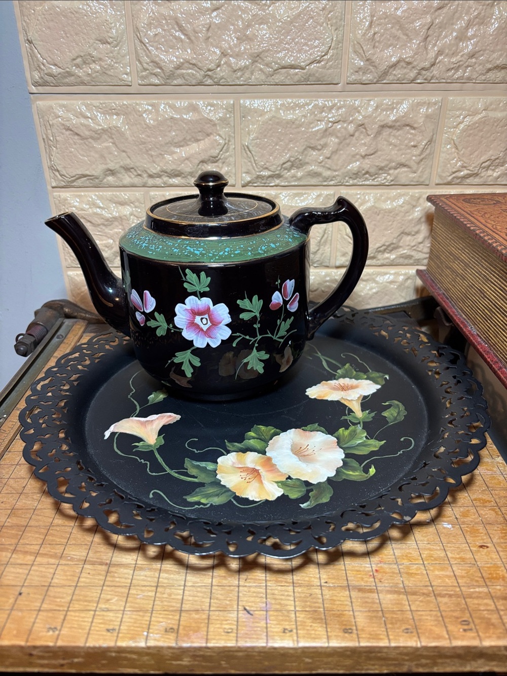 Gibsons, England Ceramic Teapot White Pink Floral, Black w Flowers Toleware Tray